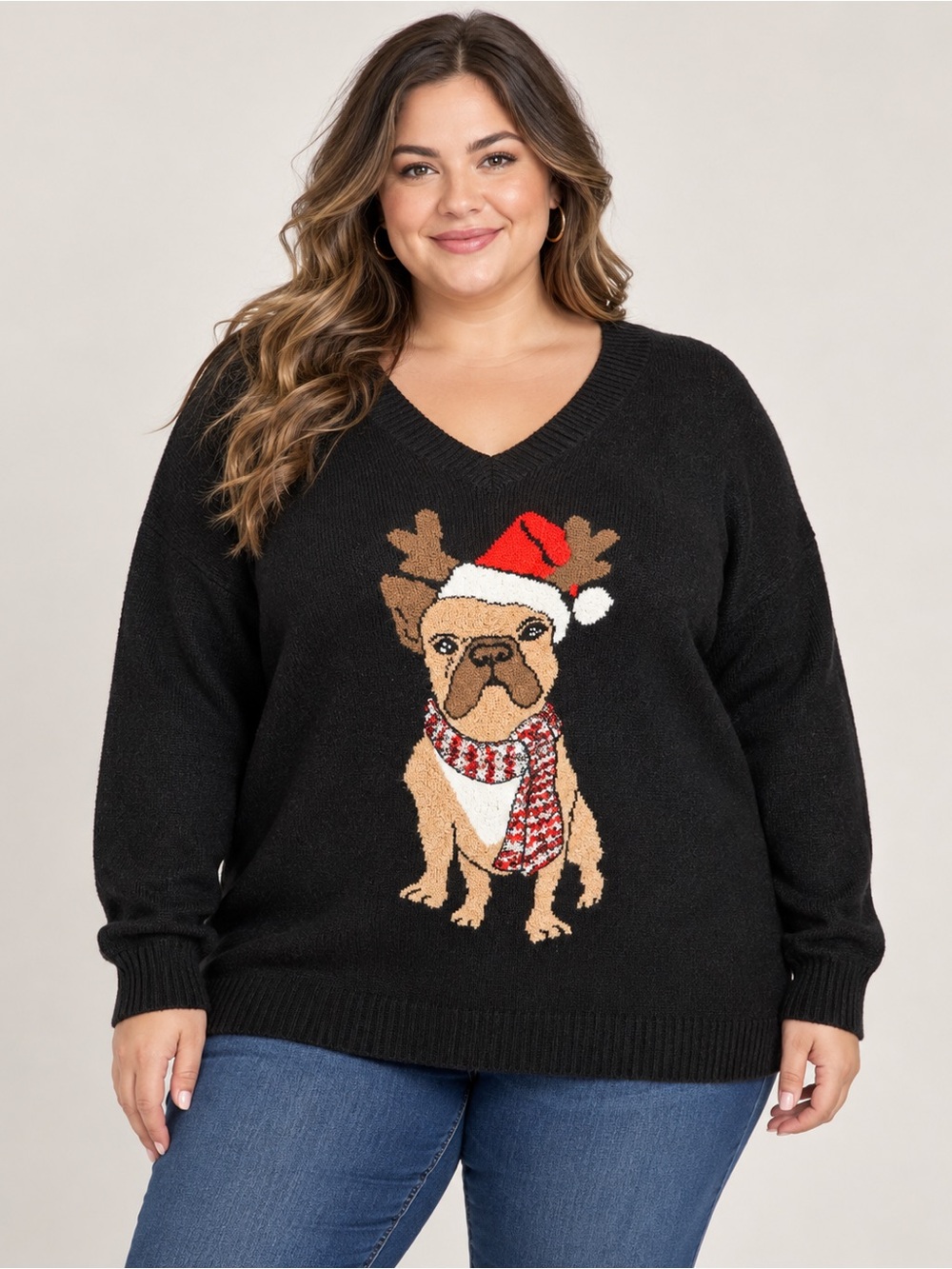 Torrid Size 2 Black Christmas French Bulldog Sequin V-Neck Sweater